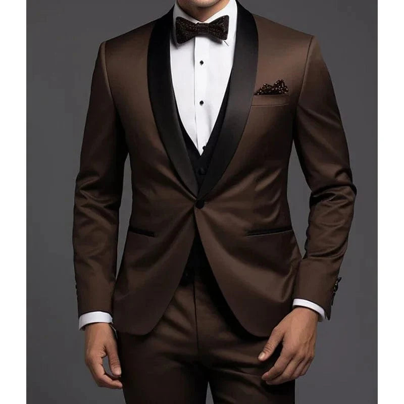 Men's brown 3-piece suit with black shawl lapel, slim fit, jacket, vest, and pants, ideal for formal events and special occasions.