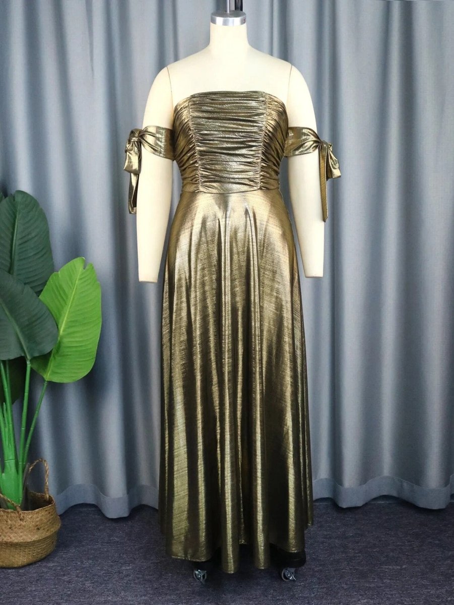 AOMEI women's metallic shimmer off-shoulder evening dress with high waist, smocked bodice, backless design, perfect for parties.