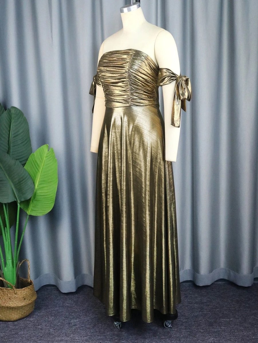 AOMEI Women's metallic shimmer off-shoulder evening party dress with high waist, smocked bodice, and backless design, elegant formal attire.