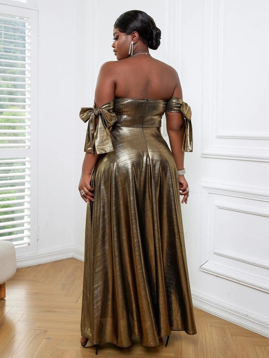 AOMEI women's off-shoulder metallic shimmer evening party dress with high waist, smocked top, and backless design, perfect for formal events.
