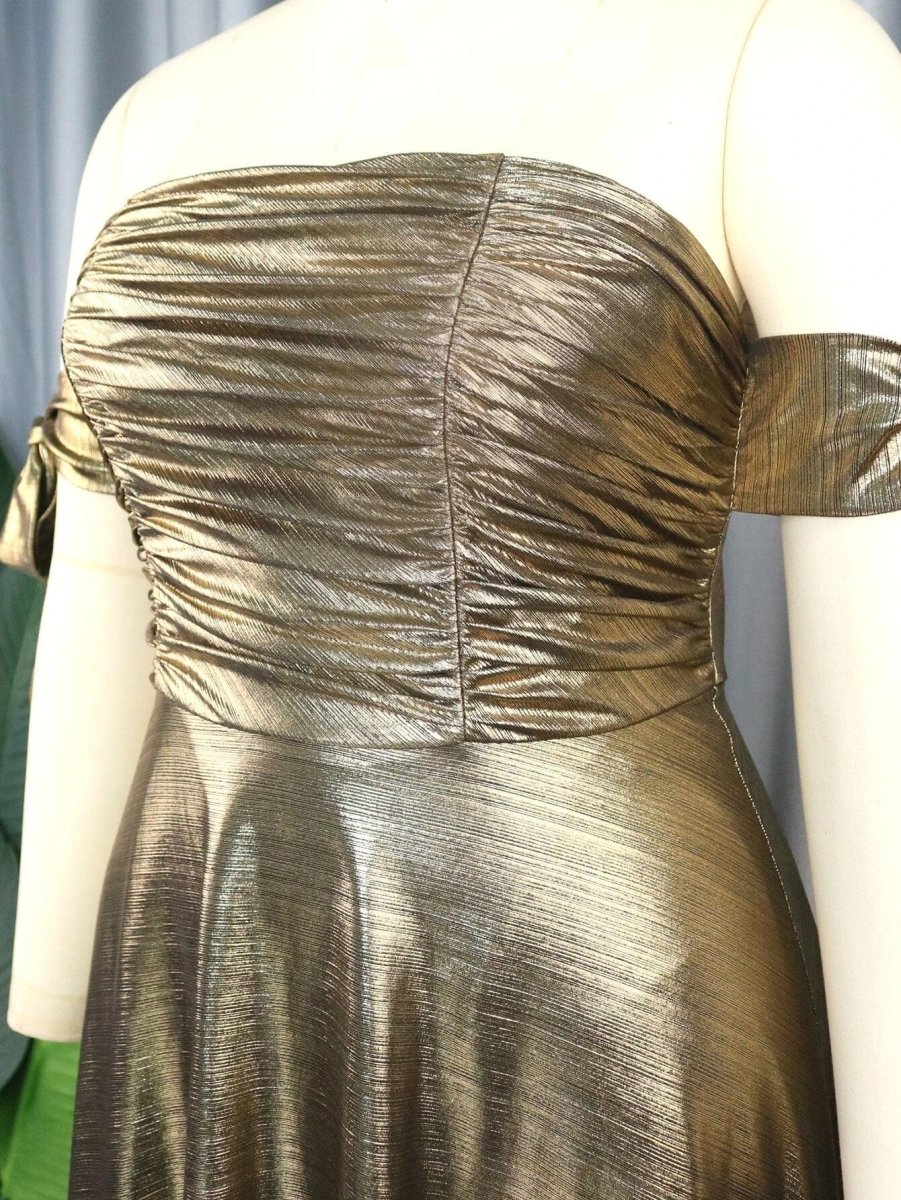 AOMEI women's off-shoulder metallic shimmer evening dress with high waist, smocked bodice, backless design, perfect for parties.