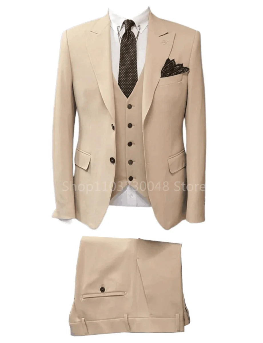 Kromoc men's slim fit khaki wedding suit with peak lapel tuxedo, 3-piece set including jacket, vest, and pants for formal occasions