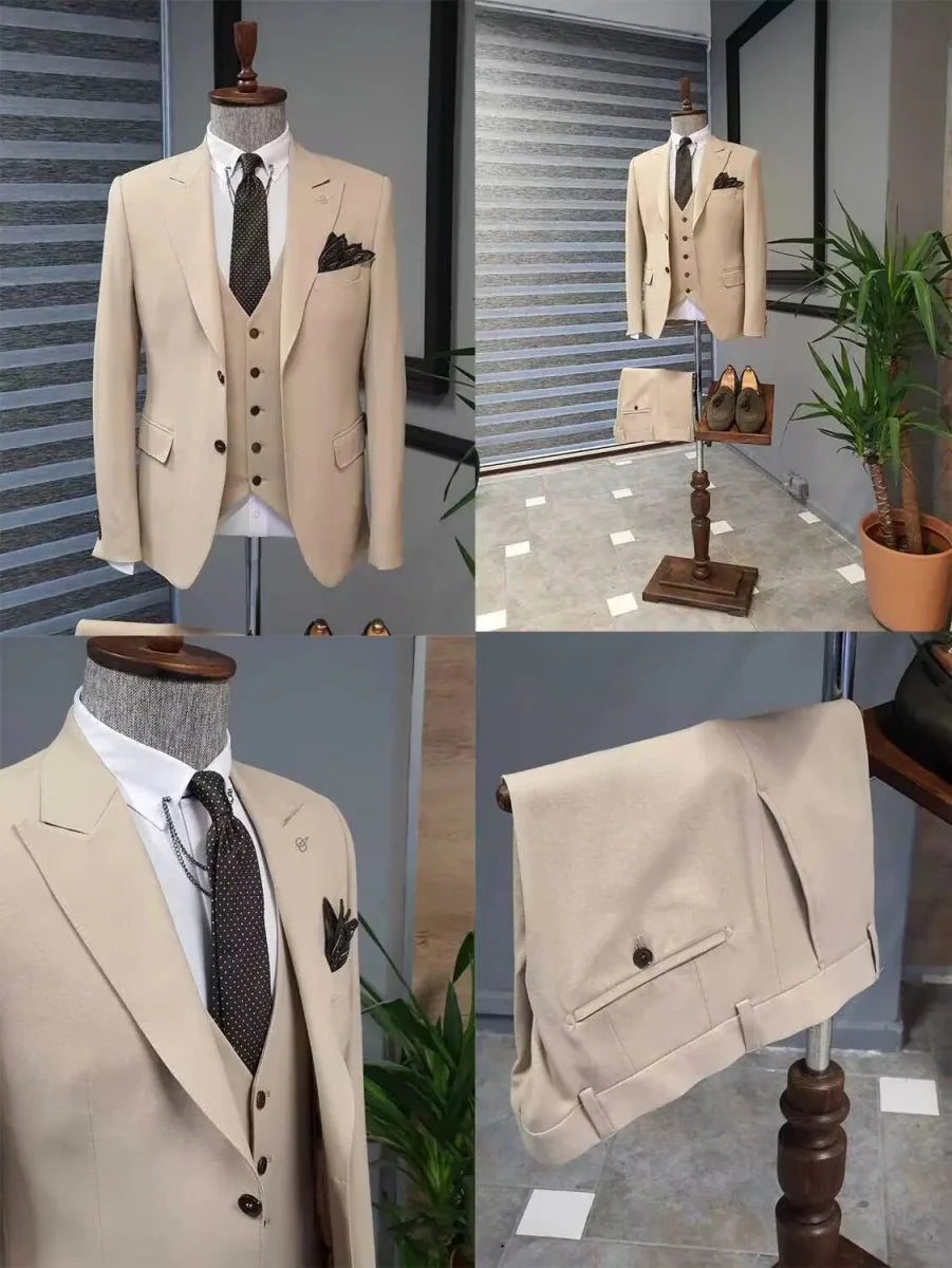 Kromoc men's slim fit khaki wedding suit with peak lapel tuxedo jacket, vest, and matching trousers for formal occasions