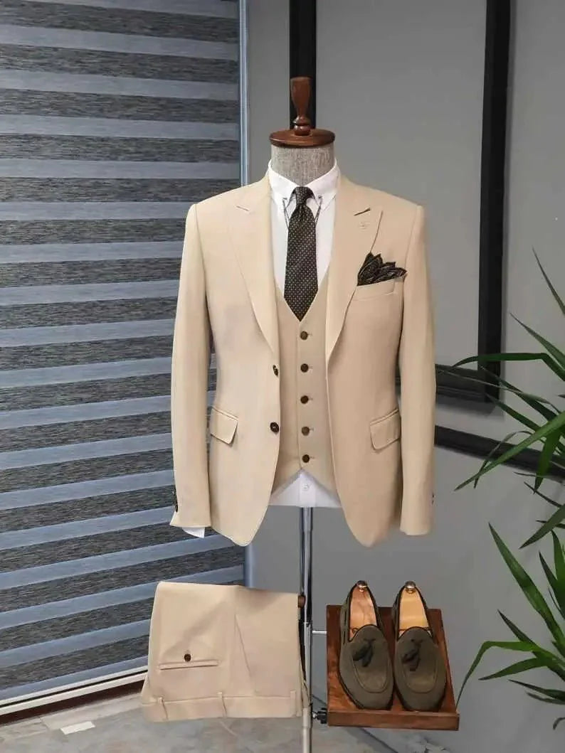 Kromoc men's slim fit khaki wedding suit with peak lapel tuxedo, includes blazer, vest, and pants for formal occasions