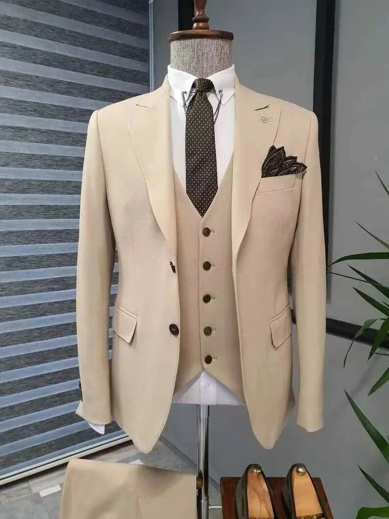 Kromoc men's slim fit khaki 3-piece wedding suit with peak lapel tuxedo jacket, blazer, pants, and vest for formal occasions