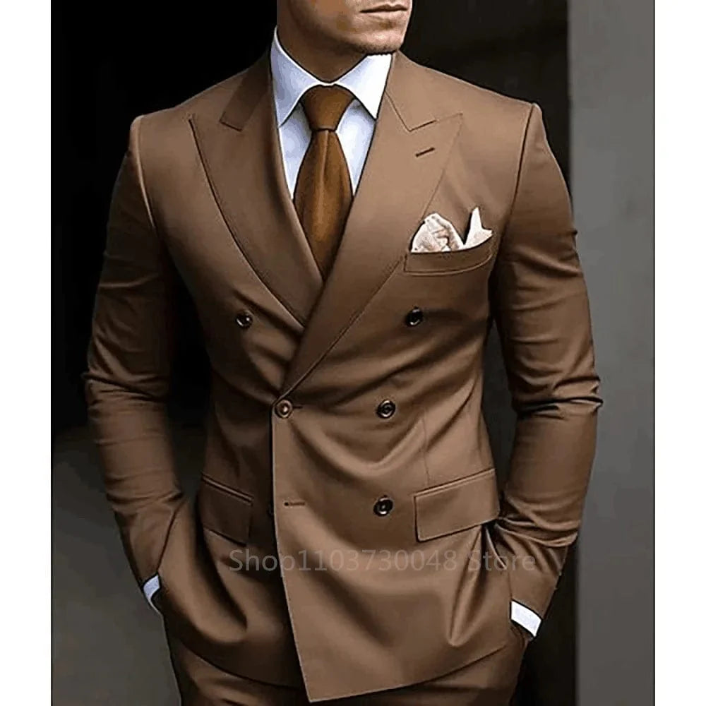 SHOWLU Men's slim fit brown wedding suit with peak lapel blazer and matching pants, made of wool blend for formal occasions.