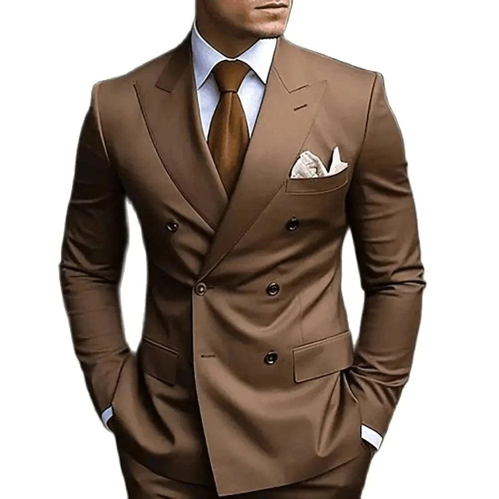 SHOWLU men's slim fit brown wedding suit with peak lapel blazer and matching pants, wool blend tuxedo for formal occasions.