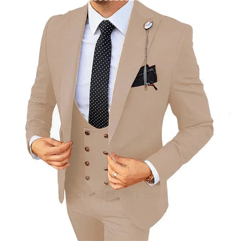 Men's 3-piece slim fit wedding suit in champagne cotton by Showlu Fashion, featuring blazer, vest, and pants for formal occasions.
