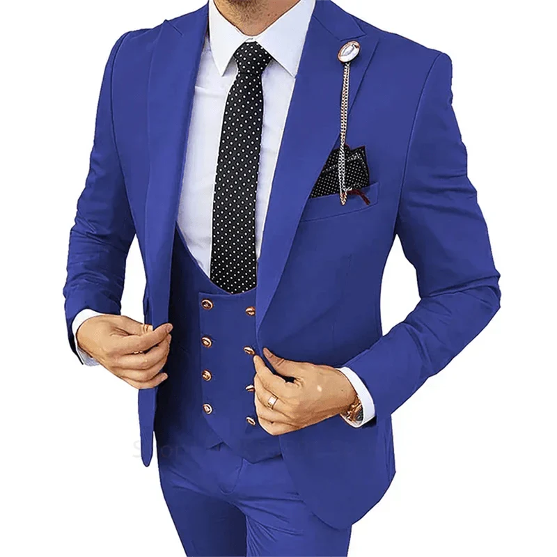 Showlu Fashion men's 3-piece slim fit wedding suit in champagne cotton, featuring blazer, pants, and vest for formal occasions.