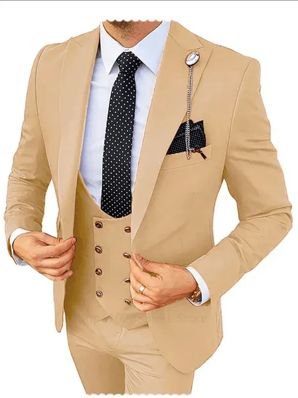 Showlu Fashion men's 3-piece slim fit wedding suit in champagne cotton, featuring blazer, vest, and pants for formal occasions.