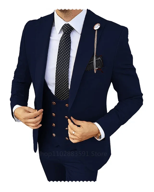Showlu Fashion men's 3-piece slim fit wedding suit in champagne cotton, featuring blazer, vest, and pants for formal occasions.