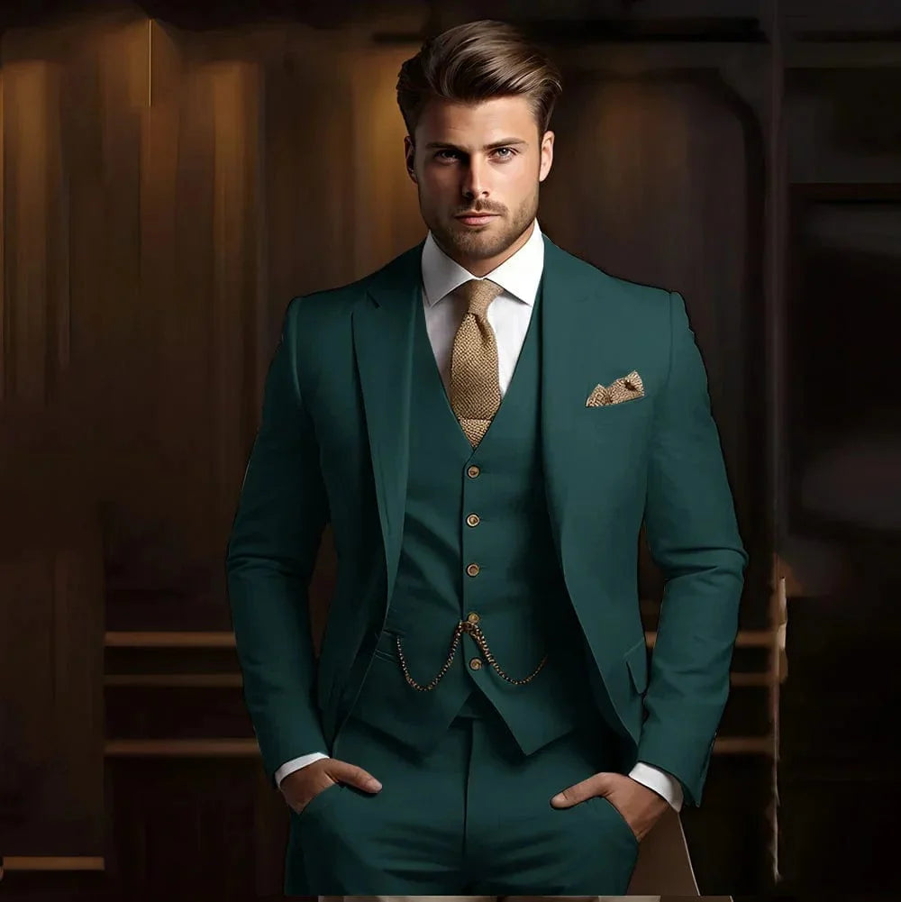 Tunetak men's 3-piece slim fit khaki wedding suit with jacket, vest, and pants, perfect for formal grooms and special occasions.