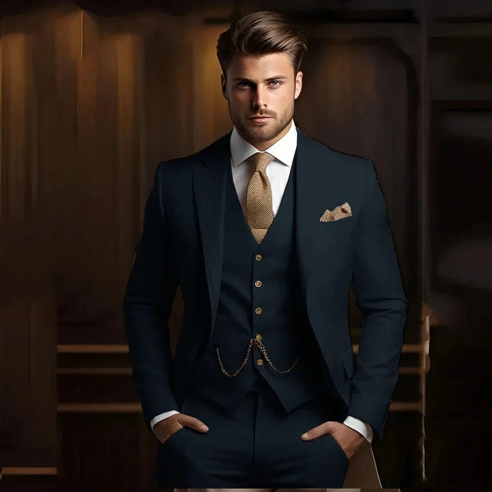 Men's khaki 3-piece slim fit wedding suit with jacket, vest, and pants, featuring a formal tuxedo style for grooms.