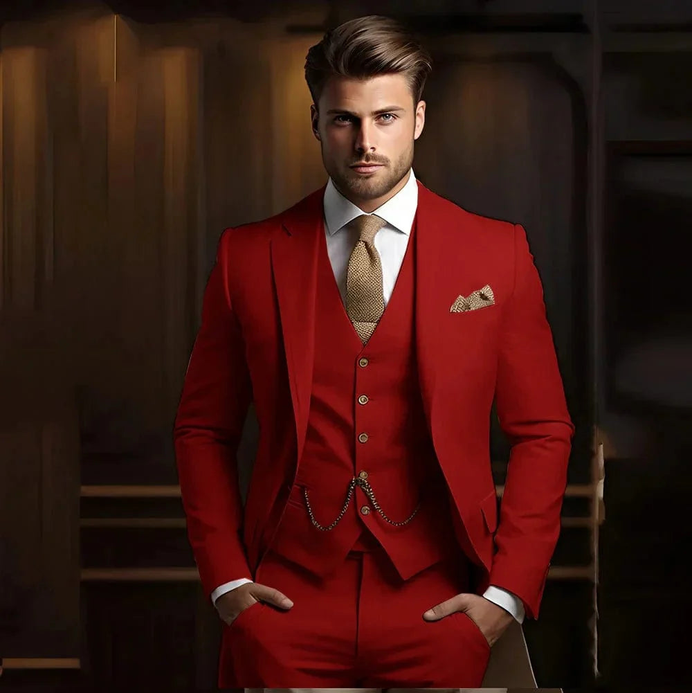 Men's khaki 3-piece slim fit wedding suit with jacket, vest, and pants, featuring a formal tuxedo style by SHOWLU FASHION STORE.