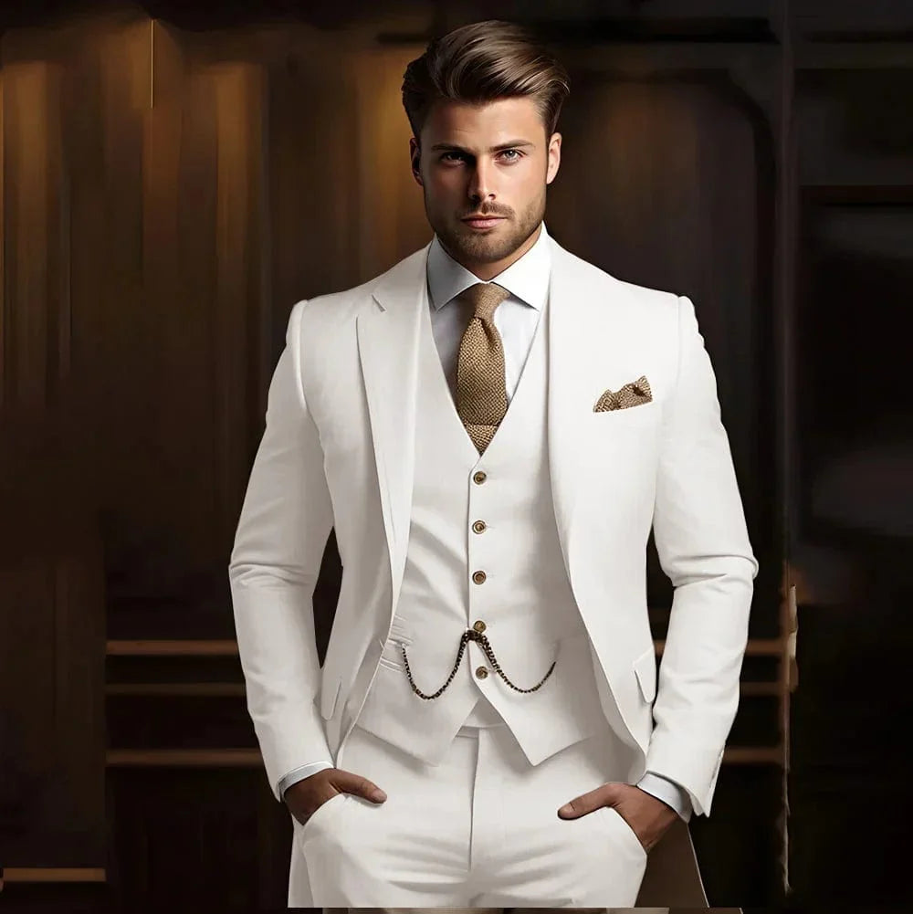 Slim fit men's wedding suit by SHOWLU FASHION STORE, khaki cotton 3-piece tuxedo with jacket, vest, and pants for groom.