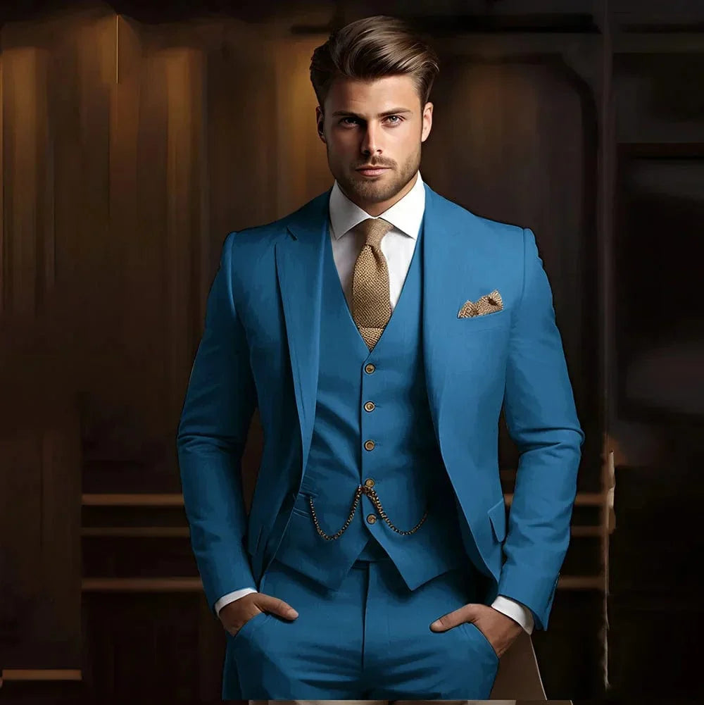 Tunetak Men's 3-Piece Slim Fit Wedding Suit in khaki cotton, featuring a jacket, vest, and pants for formal occasions.