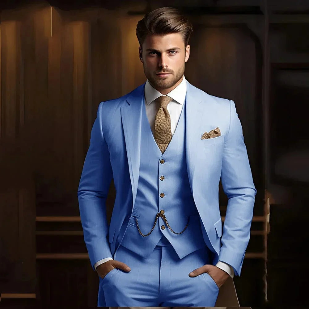 Slim fit men's wedding suit by SHOWLU FASHION STORE, khaki cotton tuxedo with jacket, vest, and pants for formal groom attire.