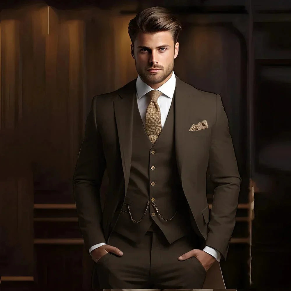 Tunetak men's 3-piece slim fit wedding suit in khaki cotton, includes jacket, vest, and pants for formal groom attire.