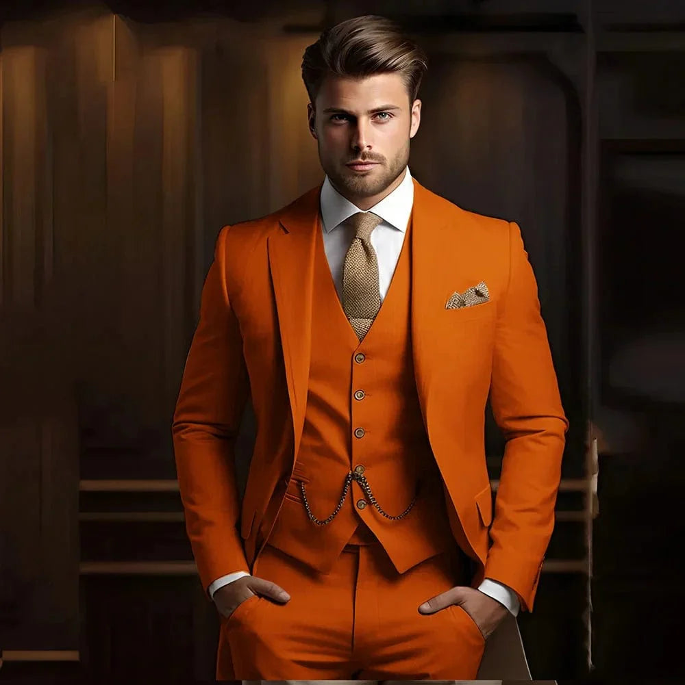 Men's khaki 3-piece slim fit wedding suit by SHOWLU FASHION STORE, includes jacket, vest, and pants for formal occasions.