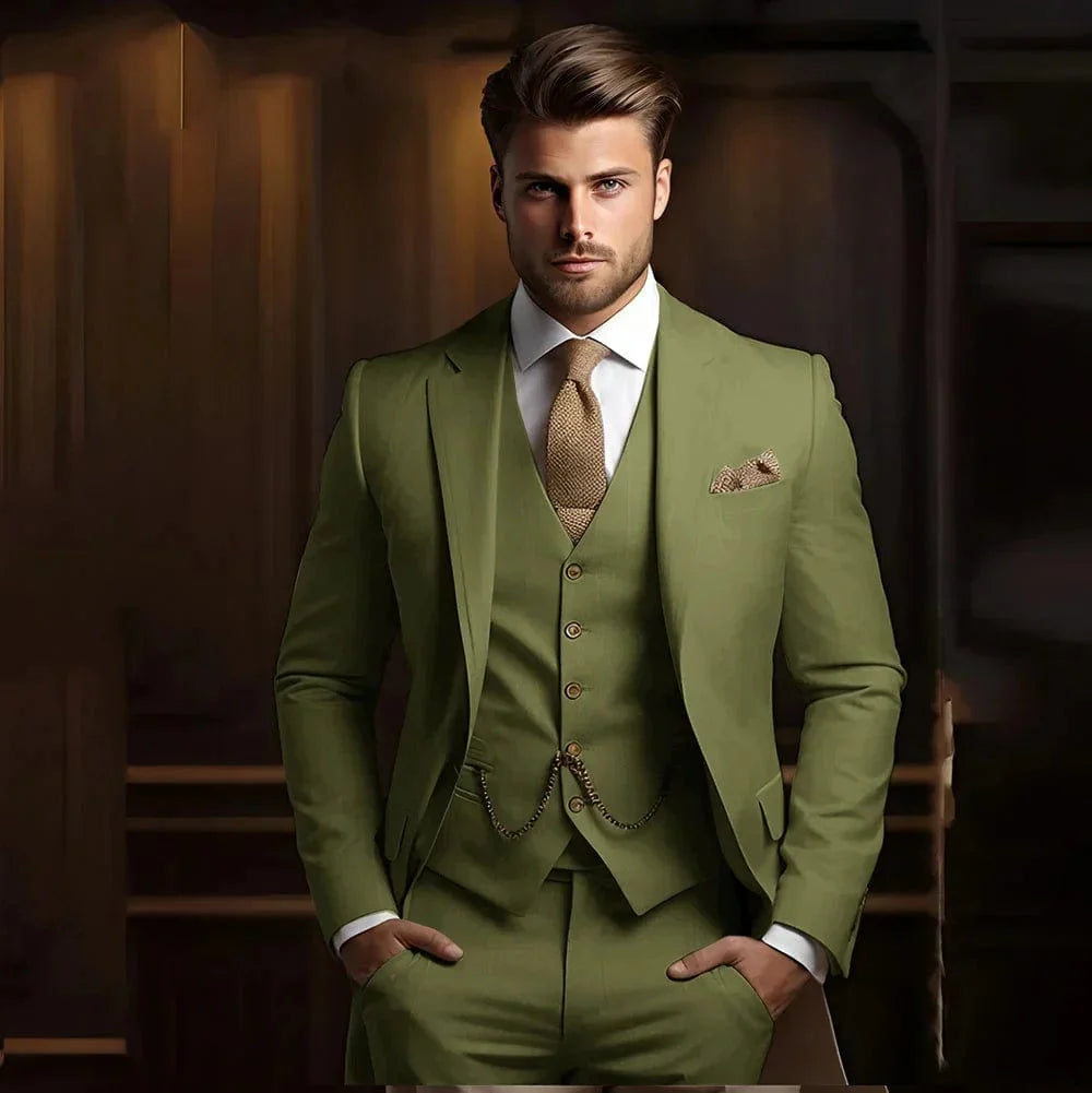 Tunetak men's 3-piece slim fit wedding suit in khaki cotton, featuring jacket, vest, and pants for formal groomswear.