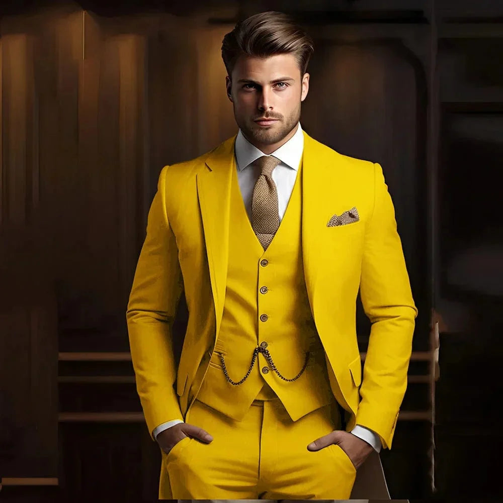 Tunetak Men's 3-Piece Slim Fit Wedding Suit in khaki cotton, featuring a jacket, vest, and pants for formal occasions.