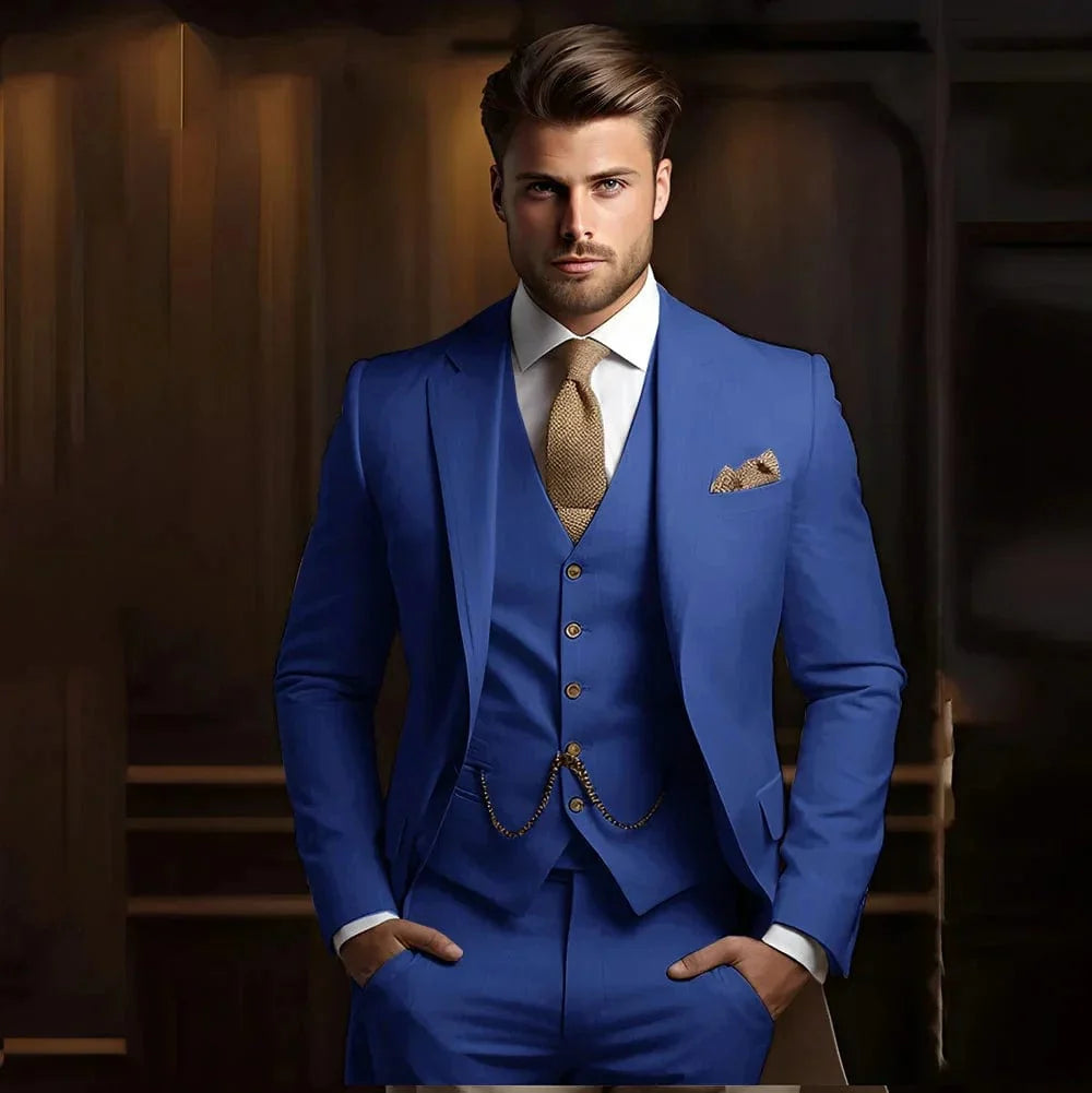 Men's khaki slim fit wedding suit with jacket, vest, and pants, styled for formal occasions and groom attire.