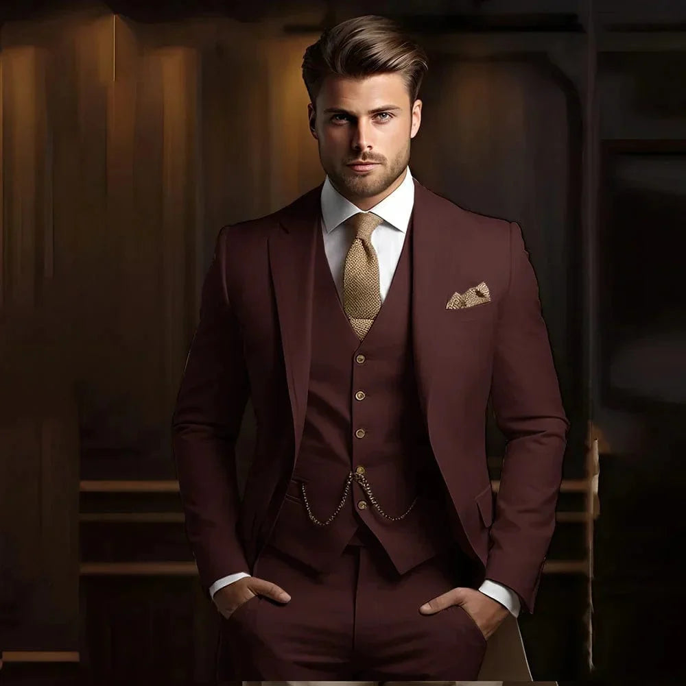 Men's khaki 3-piece slim fit wedding suit by SHOWLU FASHION STORE, featuring jacket, vest, and pants for formal occasions