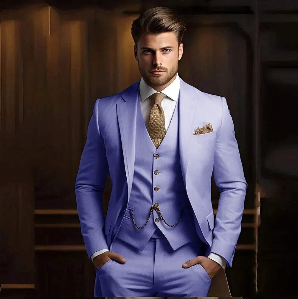 Tunetak men's khaki 3-piece slim fit wedding suit with jacket, vest, and pants, ideal for formal groom attire.