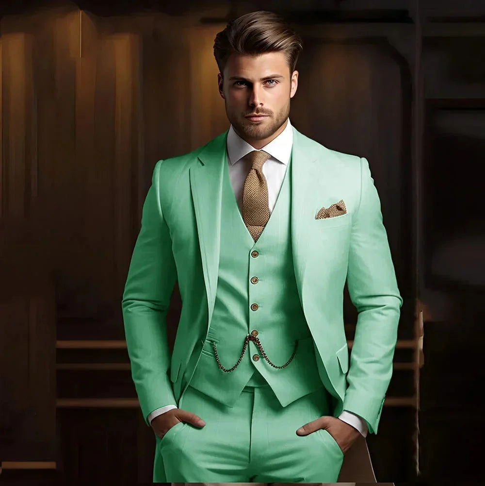 Tunetak Men's 3-Piece Slim Fit Khaki Wedding Suit with jacket, vest, and pants, perfect for formal occasions and grooms.