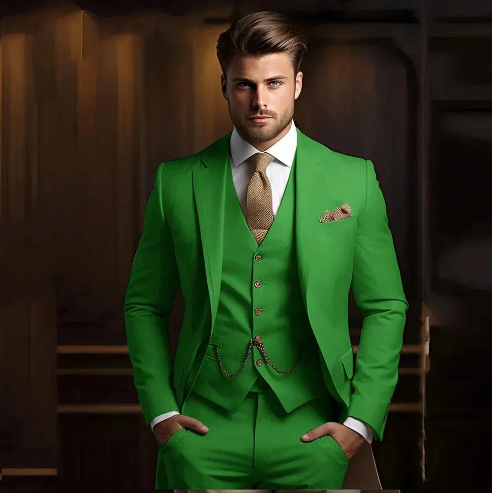 Tunetak men's 3-piece slim fit wedding suit in khaki, featuring jacket, vest, and pants for formal groom attire.