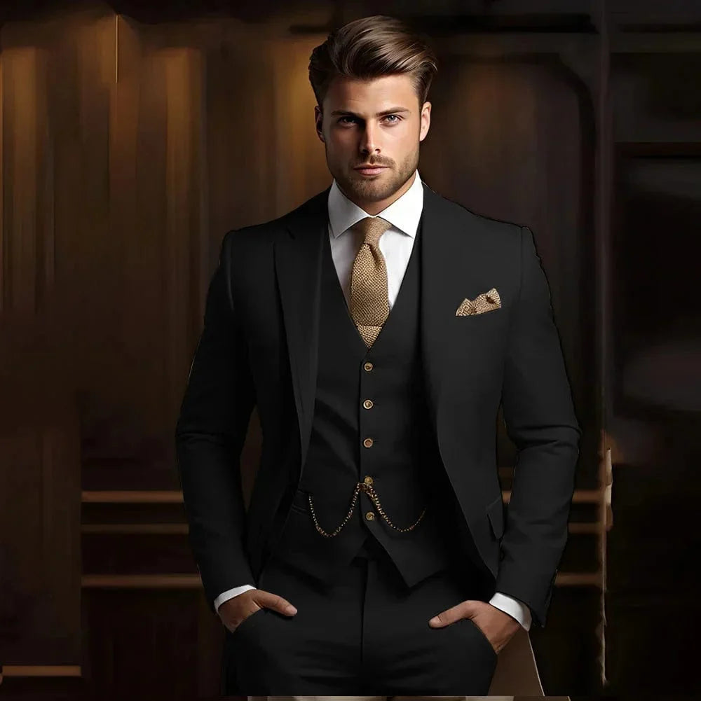SHOWLU FASHION STORE men's khaki 3-piece slim fit wedding suit with jacket, vest, and pants, ideal for formal grooms and special occasions.