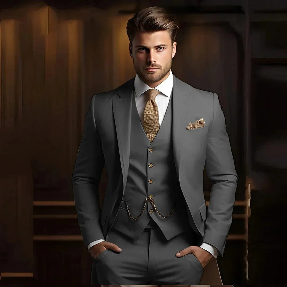 Mens khaki slim fit wedding suit by SHOWLU FASHION STORE, includes jacket, vest, and pants for formal groom attire.