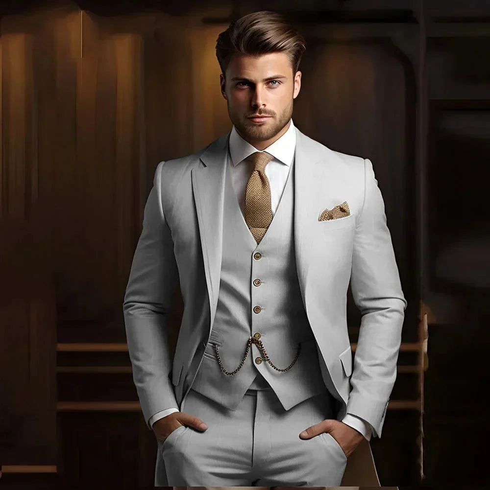 Men's khaki cotton 3-piece slim fit wedding suit with jacket, vest, and pants, designed for formal grooms and special occasions.