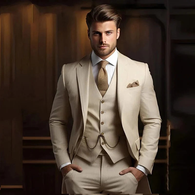 Men's slim fit khaki wedding suit by SHOWLU FASHION STORE, includes jacket, vest, and pants for formal groom attire.