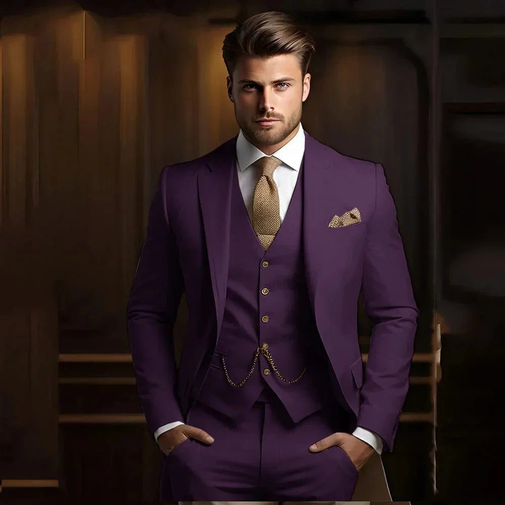 Men's khaki 3-piece slim fit wedding suit by SHOWLU FASHION STORE, includes jacket, vest, and pants, perfect for formal occasions.