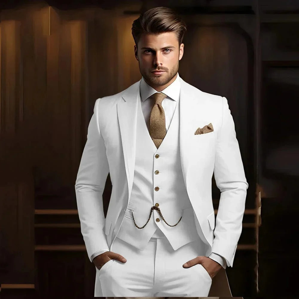 Men's khaki 3-piece slim fit wedding suit by SHOWLU FASHION STORE, includes jacket, vest, and pants for formal groom attire.