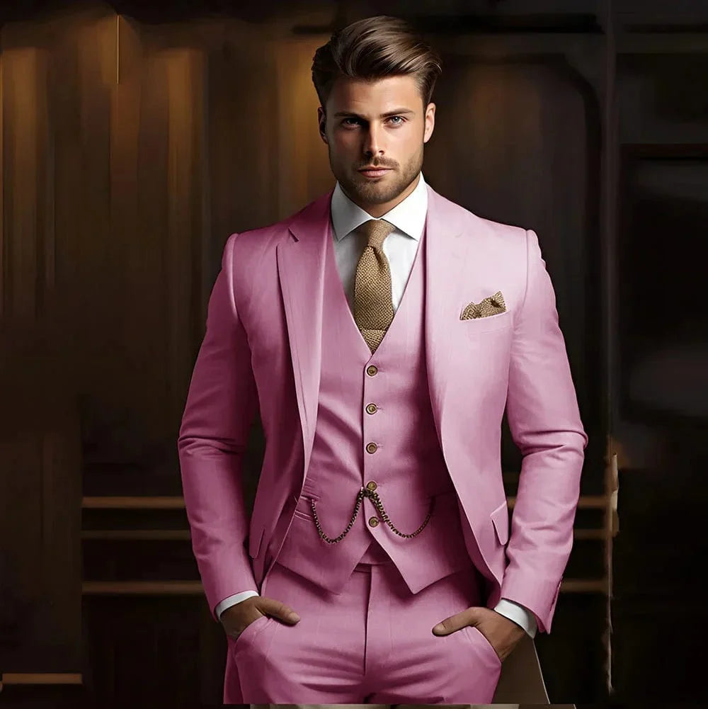 Men's khaki 3-piece slim fit wedding suit with jacket, vest, and pants, perfect for formal occasions and grooms.