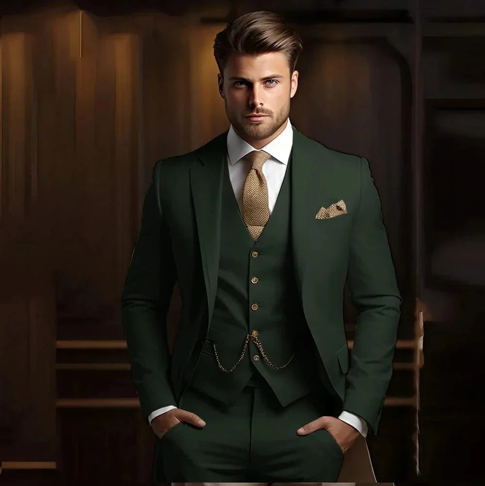 Tunetak Men's 3-Piece Slim Fit Khaki Wedding Suit with jacket, vest, and pants, perfect for formal or groom attire.