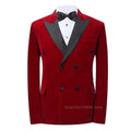 Showlu men's red velvet double-breasted blazer with peak lapel, slim fit wedding jacket, elegant formal dinner coat.