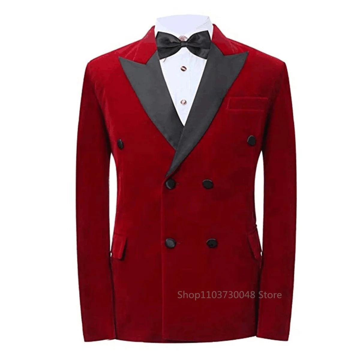 Showlu men's red velvet double-breasted blazer with peak lapel, slim fit wedding jacket, elegant formal dinner coat.