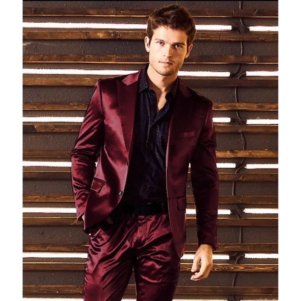 Showlu men's slim fit two-piece formal suit with satin single-breasted blazer and matching pants, ideal for smart casual occasions.