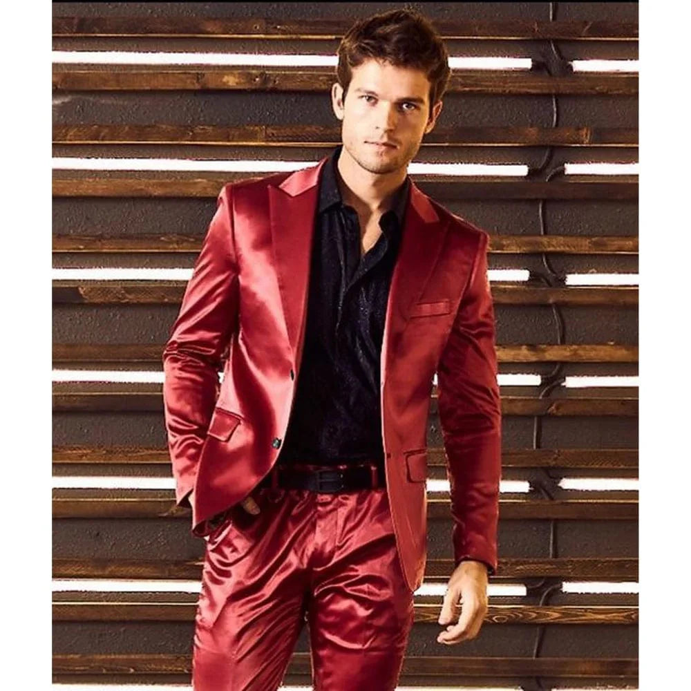 Showlu Men's slim fit two-piece formal suit with single-breasted design, satin fabric, and stylish casual stage-ready look.