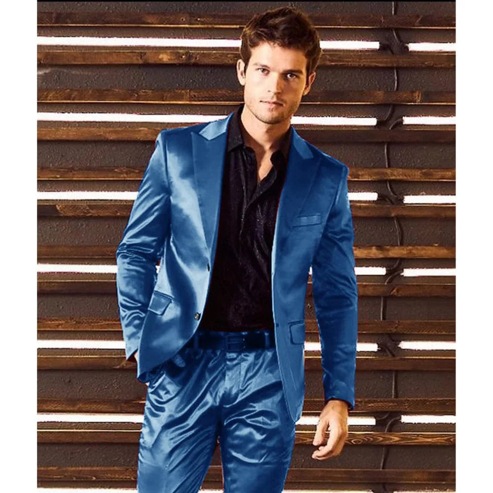 Showlu men's slim fit two-piece formal suit with satin fabric, single-breasted jacket, matching pants, ideal for smart casual occasions.