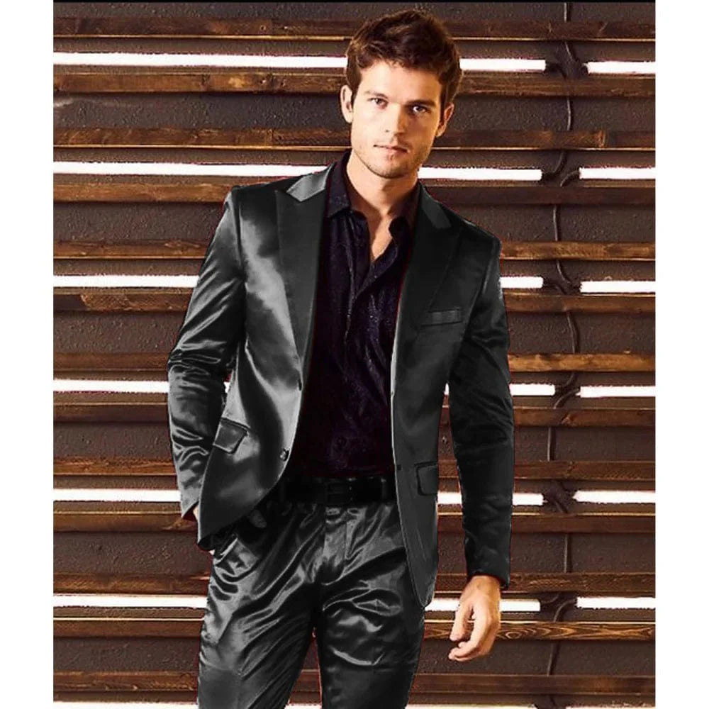 Showlu men's slim fit two-piece formal suit with satin finish, single-breasted jacket and matching pants, ideal for smart casual occasions.