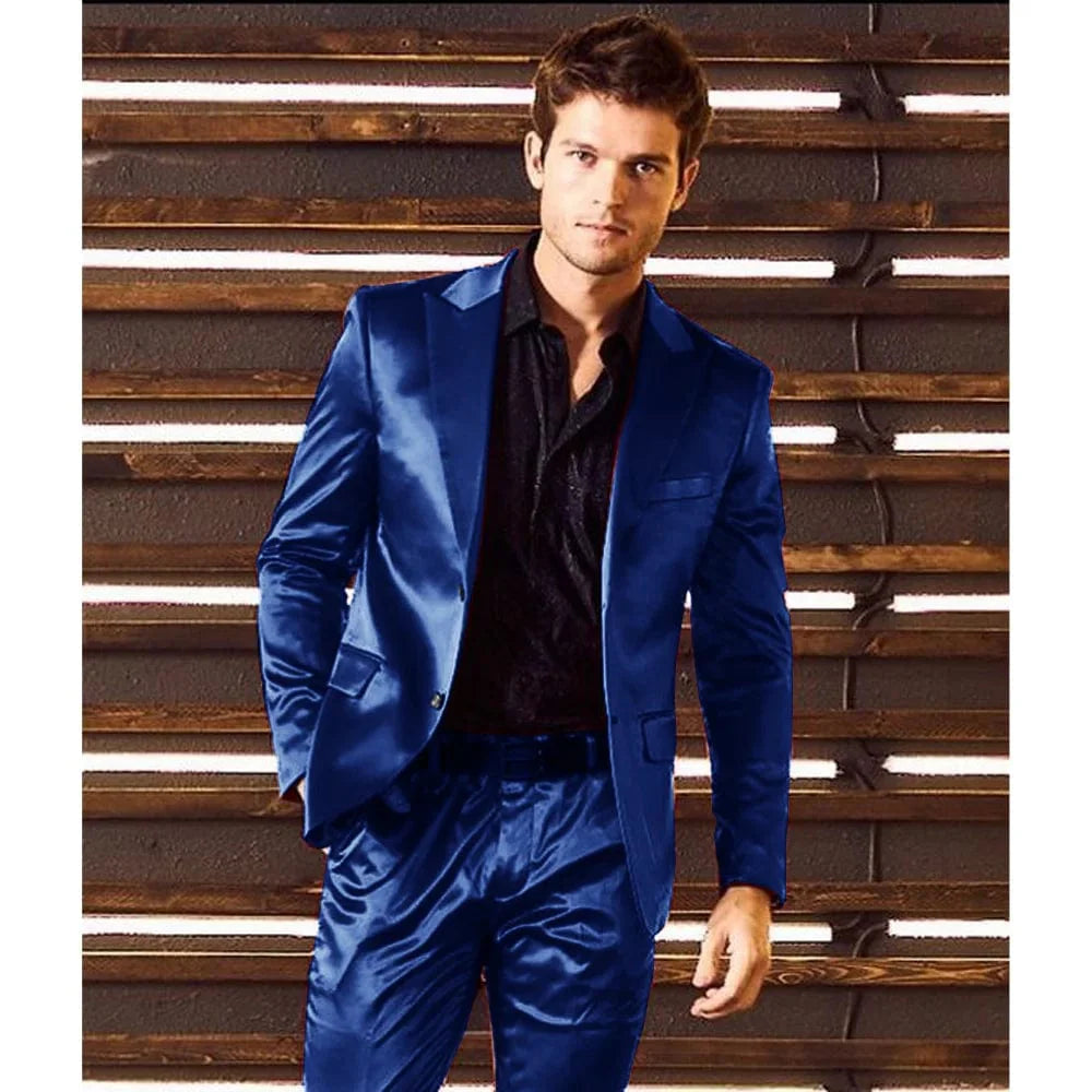 Showlu men's slim fit two-piece formal suit with satin fabric, single-breasted jacket and matching pants, ideal for smart casual occasions.