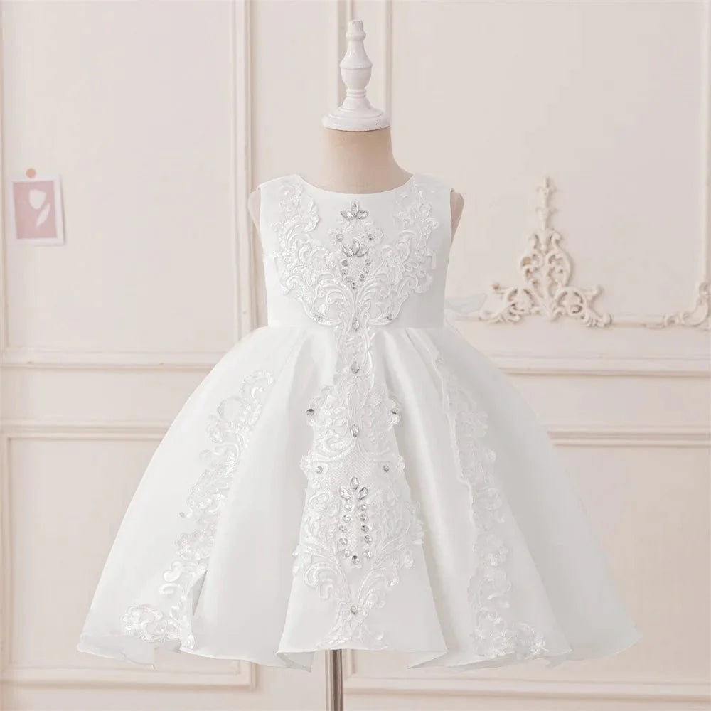Baby girl white baptism dress by SHOWLU FASHION STORE, elegant lace gown with beads, bow, suitable for birthday or special occasions.