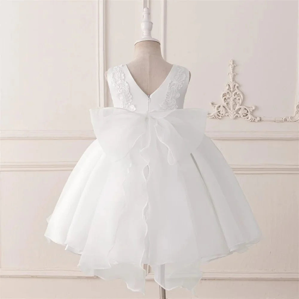 Elegant white baptism dress for baby girl, SHOWLU FASHION STORE, with lace, beads, bow, perfect for special occasions and birthdays.