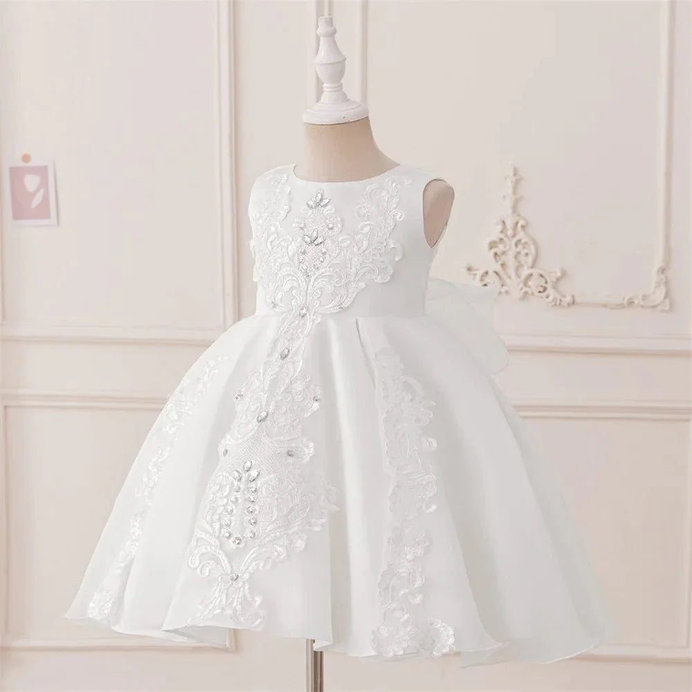 White baptism dress for baby girl by SHOWLU FASHION STORE, elegant lace gown with beads, bow, perfect for birthday or special occasions.