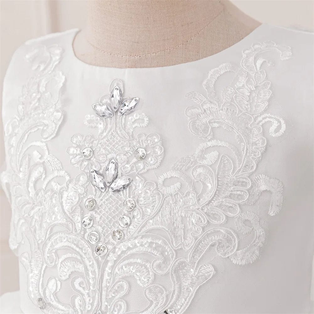 Baby girl white baptism dress by SHOWLU FASHION, elegant lace birthday gown with beads, bow, and princess style for special occasions.