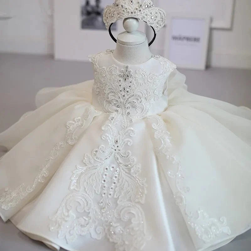 Baby girl white baptism dress by SHOWLU FASHION STORE, elegant lace birthday gown with beads, bow, and princess style for special occasions.